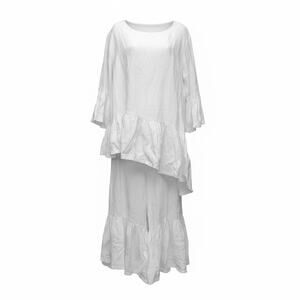 Bryn Walker Linen 2 Pc Set White Ruffle Hem M Tunic Top L Pants Boho Coastal